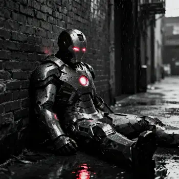 Forum avatar of Iron Man armor, rain-soaked and slumped against a brick wall, glowing red arc reactor and eyes.