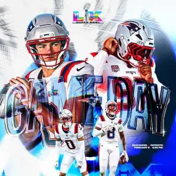 Forum avatar with NFL Super Bowl motif: New England Patriots helmeted players, Seattle Seahawks colors, large reflective GAMEDAY text and Super Bowl logo.