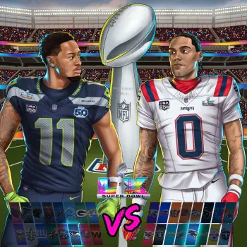 Forum avatar/profile photo: stylized football scene—Seattle Seahawks vs New England Patriots in an NFL Super Bowl face-off, two players flanking the Vince Lombardi Trophy in a stadium.
