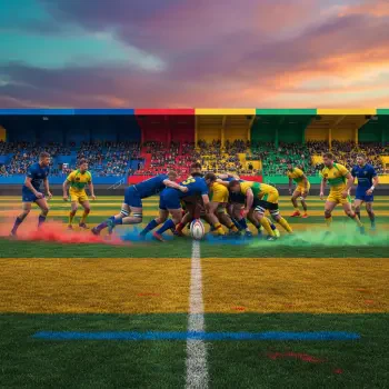 Forum avatar showing a rugby scrum on a colorful stadium pitch, players in blue and yellow, dramatic sunset sky and smoky colored streaks across the field.