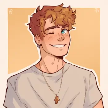 Cool anime redhead boy forum avatar/pfp — winking, freckled and tousled, wearing a tee and cross necklace in a warm-toned square profile photo.