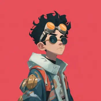 Forum avatar of a cool boy with tousled dark hair, wearing goggles and round sunglasses, a jacket and backpack, against a coral background.