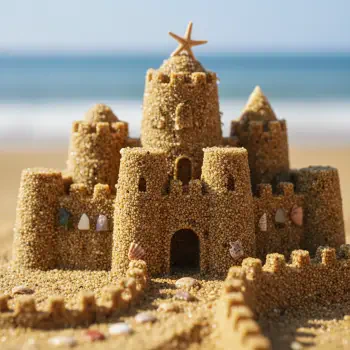 Sandcastle forum avatar/pfp: detailed multi-towered sandcastle on the beach, a starfish atop the central tower and the ocean blurred in the background.