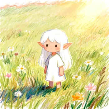 Frieren: Beyond Journey's End forum avatar — white-haired elf in a simple dress standing in a sunlit wildflower meadow.