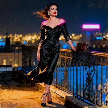 Forum avatar/pfp of a woman in an off-shoulder black dress on a rooftop at night, city lights behind her; red earrings, heels, and a small handbag as she leans on a railing.