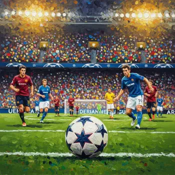 Stylized UEFA Champions League forum avatar: star-marked match ball in foreground, players charging toward goal, floodlit stadium and colorful packed crowd.