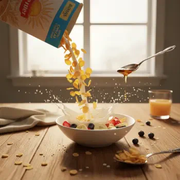 Forum avatar/pfp: cereal pouring into a bowl of milk and fruit, spoon drizzling honey and a glass of orange juice on a sunlit breakfast table.