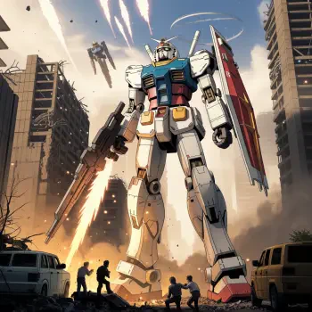 Forum avatar/pfp of the RX-78 Gundam towering over a ruined city, shield and rifle raised, silhouetted people and vehicles below beneath a fiery, smoky sky.