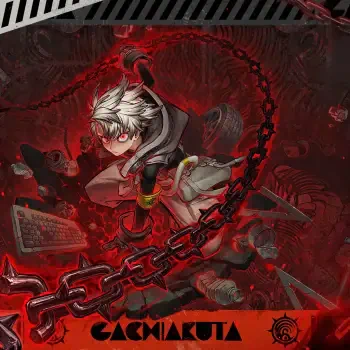 Red anime forum avatar/pfp of Rudo Surebrec (Gachiakuta): white-haired, red-eyed fighter mid-leap, wrapped in heavy chains amid mechanical debris and gears.