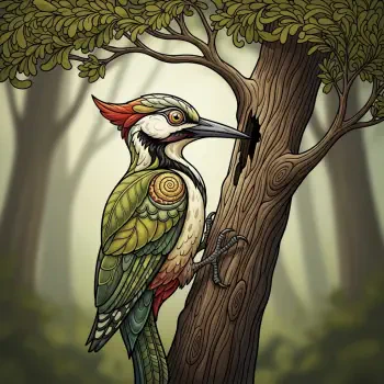 Stylized woodpecker pfp: ornate, colorful bird clinging to a tree trunk in a misty forest, with detailed decorative feathers and swirling patterns.