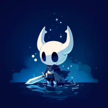 Stylized Hollow Knight game art forum avatar/pfp: small horned knight in cloak with nail sword standing in reflective water beneath a starry blue backdrop.