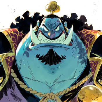Anime forum avatar of Jinbe from One Piece — blue-skinned fish-man with tusks, topknot, ornate armor and a stern expression.