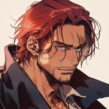Anime forum avatar of Shanks (One Piece), rugged red-haired chad with stubble, intense gaze and open collar.