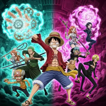 One Piece forum avatar/pfp: Luffy and the Straw Hat crew strike dynamic poses amid swirling teal and purple energy, with Luffy front and center wearing his straw hat.