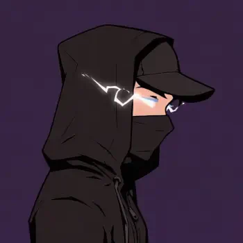 Forum/TikTok avatar of a masked boy in a black hoodie and cap, side profile with neon-glowing glasses against a purple background.