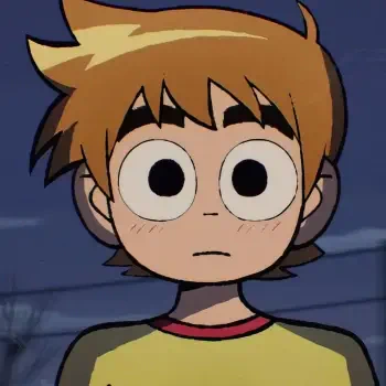 TikTok forum avatar showing a Scott Pilgrim cartoon character with wide eyes, slightly flushed cheeks and a yellow shirt against a muted blue background.