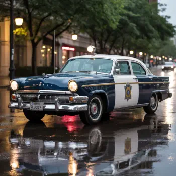 Vintage police cruiser on a rain‑slick city street at dusk, headlights and streetlights reflecting on the pavement — forum avatar/profile photo.