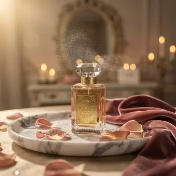 Forum avatar/pfp: elegant glass perfume bottle on a marble tray with scattered rose petals and warm, candlelit vanity bokeh.