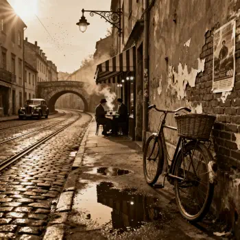Sepia forum avatar/pfp: vintage cobblestone street scene with a bicycle leaning against a wall, a lone person at a sidewalk café, an old car and an arched bridge in the distance.