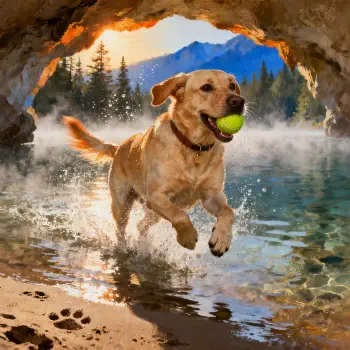 Forum avatar of a Labrador Retriever running out of a lakeside cave, splashing water with a tennis ball in its mouth against a mountain backdrop.
