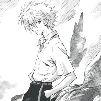 Manga-style black-and-white forum avatar of Kaworu Nagisa (Neon Genesis Evangelion), hands in pockets, soft gaze and faint, sketchy wing-like background.