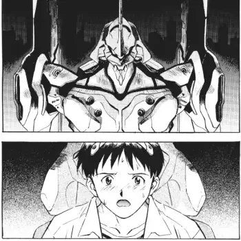 Manga Neon Genesis Evangelion forum avatar/pfp: Evangelion Unit-01 towering over shocked Shinji Ikari in a two-panel black-and-white square image.