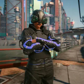 Cyberpunk 2077 forum avatar: armored character in a black coat with glowing blue accents and an insect-like green visor, arms crossed in front of a neon-soaked cityscape.