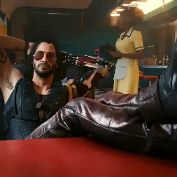 Cyberpunk 2077 forum avatar of Johnny Silverhand: sunglasses, leather vest and boots, lounging with feet on a diner table, rocker-cyborg vibe.