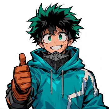Anime avatar of Izuku Midoriya (My Hero Academia) on white background, smiling and giving a thumbs-up while wearing a teal hoodie and hero collar.