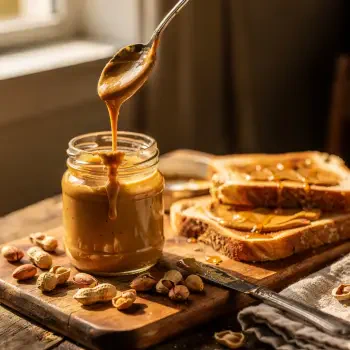Forum profile avatar of a jar of peanut butter with a spoon drizzling, surrounded by toast and scattered peanuts on a wooden board.
