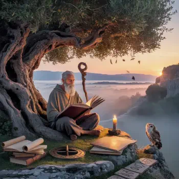 Forum avatar of a sage embodying wisdom: elderly bearded man with staff reading by candle under a gnarled tree, owl and scrolls on a cliff at sunset.