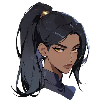 Forum avatar/pfp of Reyna (Valorant) — stylized FPS game headshot: dark ponytail, gold eyes, sharp features, confident expression.