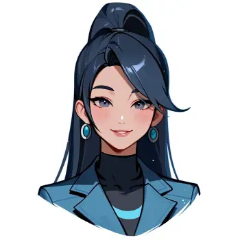 Profile avatar of Sage (Valorant, FPS): stylized smiling woman with long dark hair, teal earrings and blue blazer on a white background.