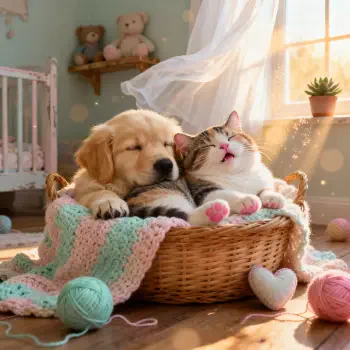 Cute forum avatar/pfp/profile photo: golden retriever puppy and tabby kitten snoozing together in a wicker basket with a pastel knit blanket, yarn balls and warm sunlight.