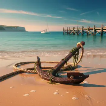 Forum avatar: weathered anchor and coiled rope resting on a sunlit sandy beach, turquoise sea with a wooden pier and sailboat on the horizon.