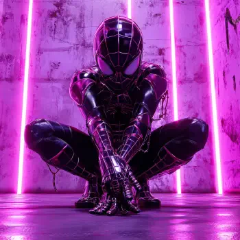 Forum avatar of Spider-Man Noir in a glossy black suit lit by purple neon, crouched in a classic superhero pose.