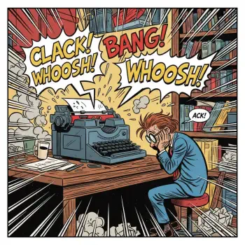 Comic-style forum avatar showing a vintage typewriter clacking CLACK! BANG! WHOOSH! as papers fly and a startled person covers their ears in a cluttered study.