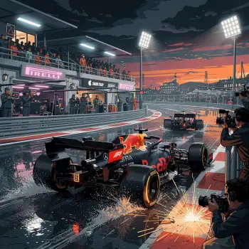 Forum avatar/pfp: F1 car exiting a wet pit lane at sunset, sparks flying as photographers shoot and grandstands reflect in puddles.