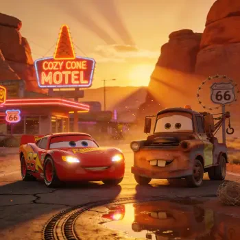 Forum avatar/pfp featuring Pixar's Cars characters Lightning McQueen and Tow Mater parked by the Cozy Cone Motel at sunset, smiling in warm desert light.