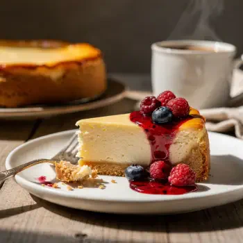 Forum avatar: slice of creamy cheesecake drizzled with berry sauce and topped with raspberries and blueberries, on a plate with whole cake and steaming coffee behind.