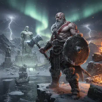 Forum avatar/pfp: Kratos (God of War) on an icy cliff, axe and shield in hand, northern lights and stormy statues looming behind.