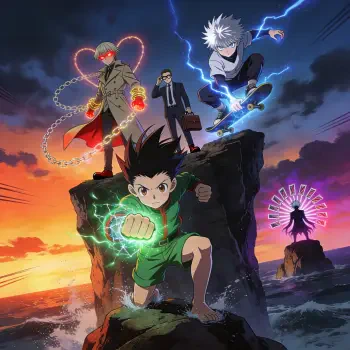 Hunter x Hunter forum avatar/pfp: Gon charging with green aura, Killua sparking on a skateboard, Kurapika's chains glowing, Leorio in a suit at sunset on rocky cliffs.