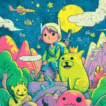 Adventure Time TV-show cartoon forum avatar: a young adventurer with sword and backpack sits on rocks beside a smiling dog and colorful creatures beneath a moonlit, starry sky.