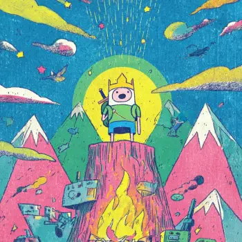Forum avatar/profile photo of TV show cartoon Adventure Time — Finn (Adventure Time) wearing a crown and sword, standing on a stump above a campfire with colorful mountains and sky.