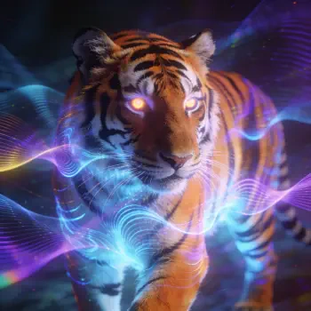 Forum avatar: stylized Siberian tiger with glowing eyes, wrapped in swirling neon blue and purple energy ribbons — a luminous digital profile picture.