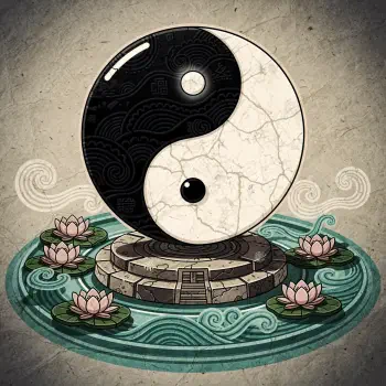 Forum avatar/pfp depicting a stylized Yin Yang emblem atop a stone pedestal amid lotus blossoms and swirling water, with cracked texture and ornate decorative patterns.