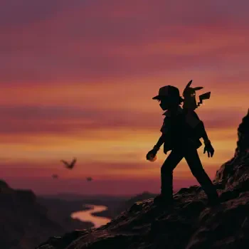 Forum avatar: silhouette of Ash Ketchum with Pikachu on his shoulder standing on a ridge against a glowing sunset.