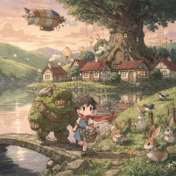 Whimsical illustrated forum avatar/pfp: a child in a red scarf with a basket walks with a mossy robot across a stone bridge, past rabbits, lakeside cottages and a giant treehouse beneath an airship.