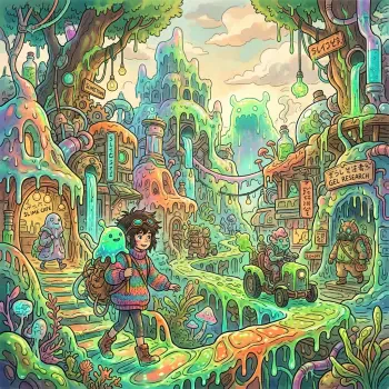 Vibrant slime-covered fantasy street with a backpacked traveler and a small jelly companion amid neon pastel buildings and market stalls — forum avatar/pfp/profile photo.