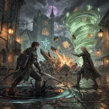 Forum avatar/pfp/profile photo: two armored spellcasters clash in a moonlit gothic street — one conjures a green whirlwind, the other summons shadowy magic amid flying debris.